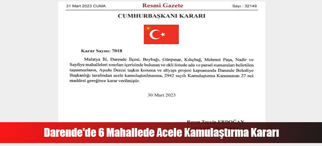 Darende'de 6 Mahallede Acele Kamulaştırma Kararı